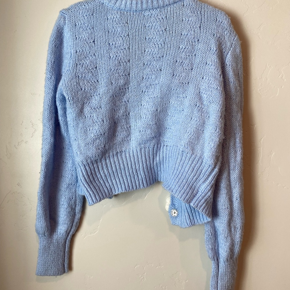 Sky Blue Cardigan with Ivory Floral Button Accents Cottagecore Boho Peasant - Picture 6 of 9